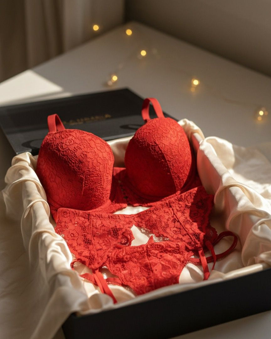 Ensemble Rouge Passion Dentelle – Porté par Alice Wild (Pièce unique)